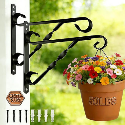 AMAGABELI GARDEN & HOME 2 Pack Hanging Plant Brackets Outdoor 10 inch Metal Fence Wall Plant Hanger Hooks for Hanging Flower Baskets Bird Feeders Lanterns Wind Chimes Rust-Resistant Black