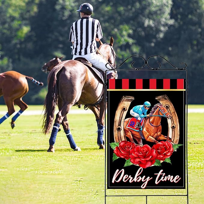 Artofy Derby Time Horse Racing Large Decorative House Flag, Kentucky Jockey Rose Flower Black Red Yard Garden Outside Decor, Horseshoe Burlap Outdoor Home Decoration Double Sided 28 x 40