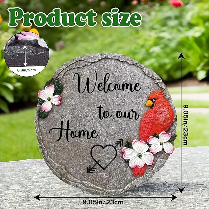 Welcome to Our Home-Resin Stepping Stone,Outdoor Garden Pathway Decoration,Round Red Hummingbird Decorative Stone for Garden,Walkway Sculpture Yard Art for Patio,Home Decor