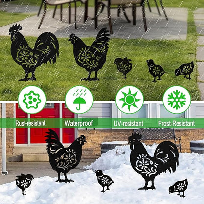 Metal Chicken Garden Decor Outdoor,5 Pack Rooster,Hen,Chicks Yard Art,Garden Statues for Outside (Chicken Black)