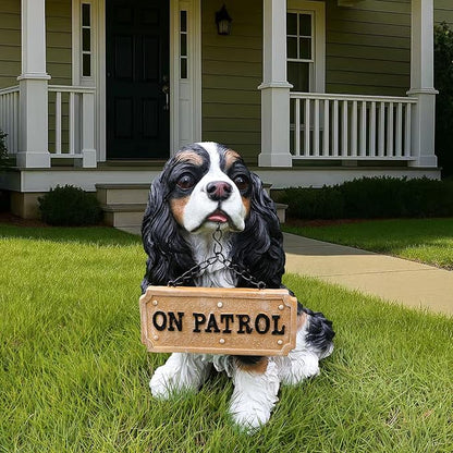 Cavalier King Charles Spaniel Garden Statue with Solar Lantern, Realistic Dog Sculpture, Birthday Gift for Women Mom Grandma, Housewarming Gift for New Home, Outdoor Resin Puppy Decor,Black & White