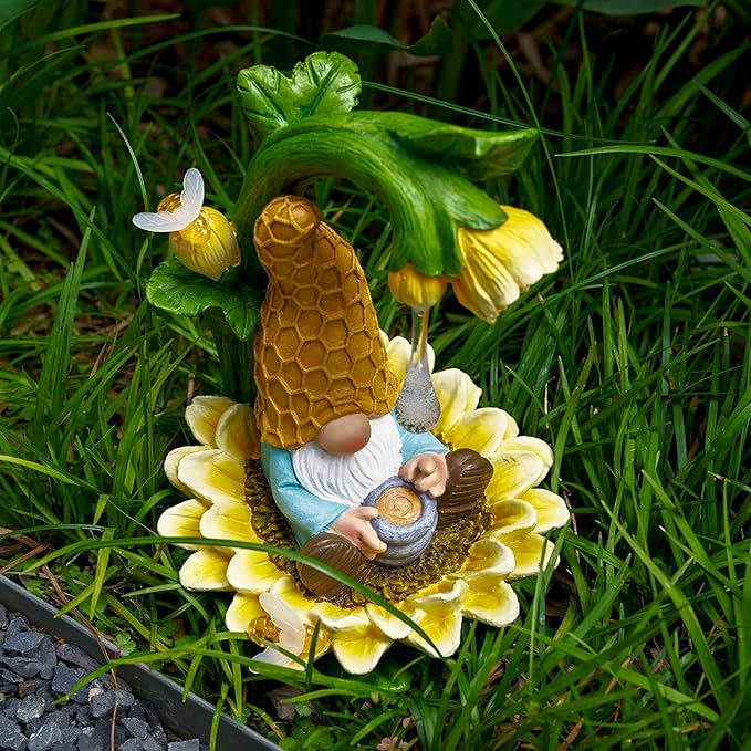 RM ROOMERS Gnome Fall Decor Garden Solar Gnomes Decoration for Yard Autumn Decor Resin Sunflower Gnome Statue with LED Lights for Patio Honey Drip Home Gifts for Women Housewarming