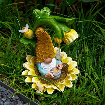 RM ROOMERS Gnome Fall Decor Garden Solar Gnomes Decoration for Yard Autumn Decor Resin Sunflower Gnome Statue with LED Lights for Patio Honey Drip Home Gifts for Women Housewarming
