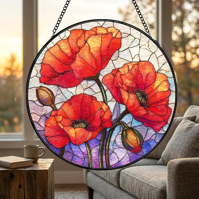 Stained Glass Sun Catcher Window Hanging - Red Poppy Floral Design, Indoor Decor Gifts for Mother's Day, Birthday, Christmas - Perfect for Women, Men, Mom Home Window Decor (Red) 7.8in
