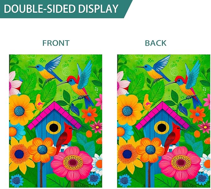 Spring Summer Garden Flags for Outside, Hummingbird Yard Flags with Colorful Birds, Flowers, and Birdhouse Design, 12x18 Inch Double Sided Small Burlap Garden Flags Outdoor Decor