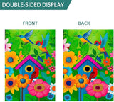 Spring Summer Garden Flags for Outside, Hummingbird Yard Flags with Colorful Birds, Flowers, and Birdhouse Design, 12x18 Inch Double Sided Small Burlap Garden Flags Outdoor Decor