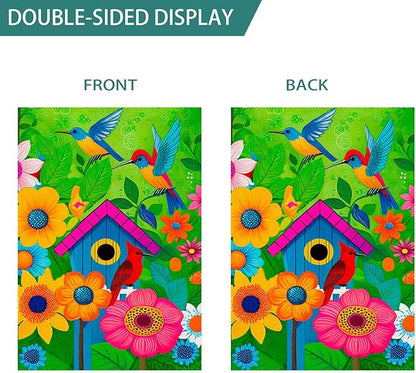 Spring Summer Garden Flags for Outside, Hummingbird Yard Flags with Colorful Birds, Flowers, and Birdhouse Design, 12x18 Inch Double Sided Small Burlap Garden Flags Outdoor Decor
