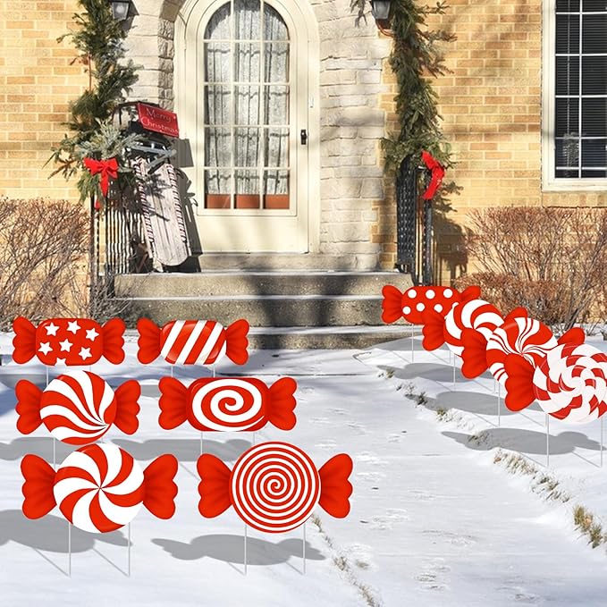 10-Piece Christmas Candy Yard Signs with Stakes Decorations – 10 Assorted Designs 14 Inches Large Peppermint and Lollipop Signs for Outdoor Garden and Lawn Holiday Party Favor