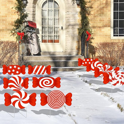 10-Piece Christmas Candy Yard Signs with Stakes Decorations – 10 Assorted Designs 14 Inches Large Peppermint and Lollipop Signs for Outdoor Garden and Lawn Holiday Party Favor