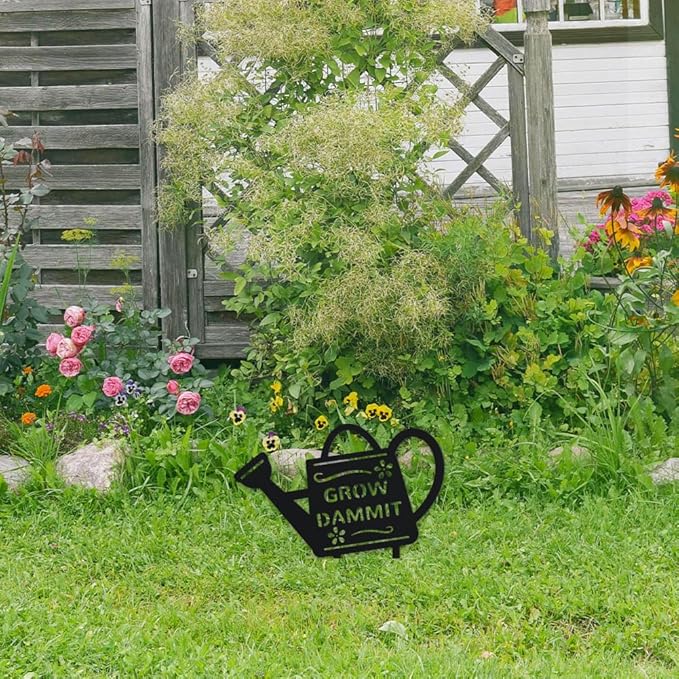 WADORN Grow Dammit Metal Outdoor Statues Silhouette, Funny Watering Can Metal Decorative Garden Stakes Rustic Silhouette Ornament Gift Funny Outdoor Decor for Backyard Patio Lawn Walkways Outdoor