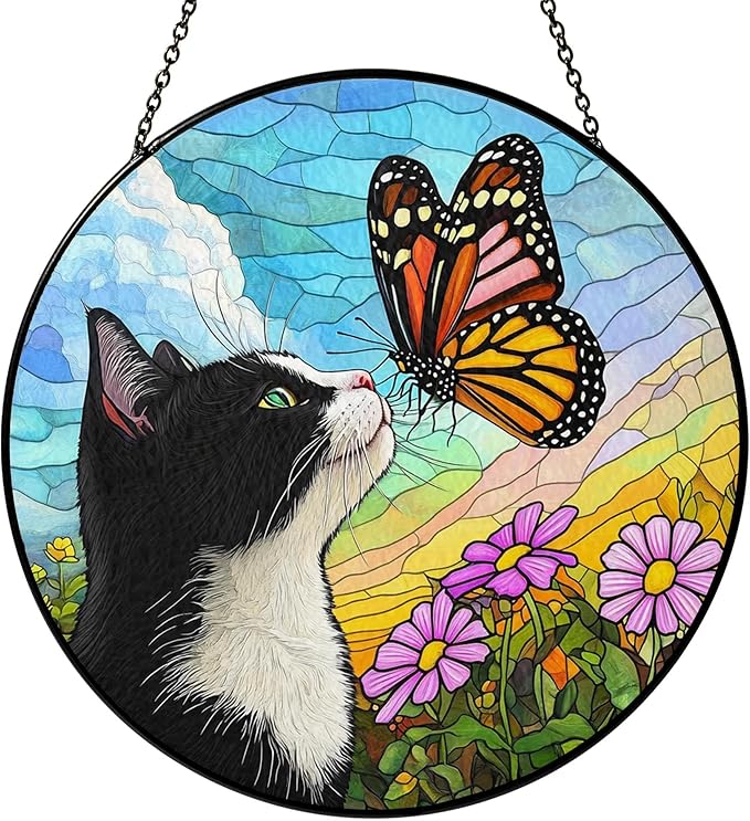 Tuxedo Cat Gifts, Black & White Cat Memorial Suncatcher Gift for Loss of Cats, Butterfly Stained Glass Suncatcher Window Hanging Garden Decor, Pet Loss Gift Christmas Sympathy Gifts for Women
