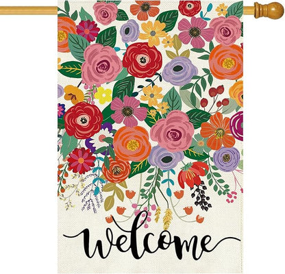 Baccessor Spring Summer Welcome House Flag Double Sided 28x40 Inch Burlap,Floral Flowers Large Garden Flag Porch Patio Front Entry Yard Seasonal Farmhouse Outside Outdoor Decor