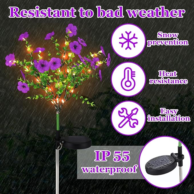 Glooglitter 2 Pack Solar Stake Lights Outdoor Decor Waterproof Mums Artificial Flowers Solar Lights for Outdoor Garden Yard Pathway Decor (Purple,Violet)
