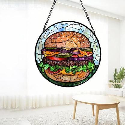 CHATYOUNG Stained Glass Window Hanging Big Beef Burger Large 11.8" - Cute Suncatcher Door Garden Kitchen Sun Catcher Exquisite Home Decor Christmas for Mom Woman Nana Friend Men Kids