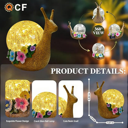Solar Snail Garden Decorations Outdoor Lights Yard Decor,Resin Fariy Statues Cracked Glass lamp Outside for Backyard Patio Lawn Porch,Unique Gifts for Women Mom Grandma