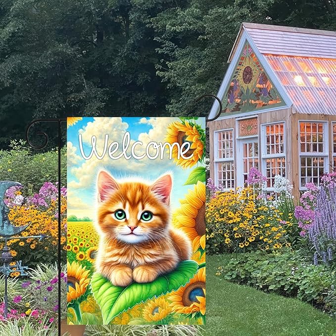 BlissYard Spring Welcome Garden Flag 12x18 Inches Double Sided Cute Cat Yard Flags Sunflower Summer Seasonal Flower for Outside Decor Home Farmhouse Holiday Decorations