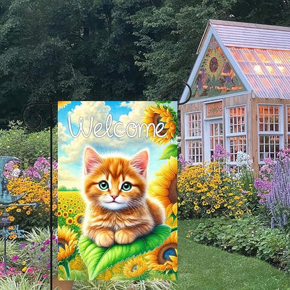BlissYard Spring Welcome Garden Flag 12x18 Inches Double Sided Cute Cat Yard Flags Sunflower Summer Seasonal Flower for Outside Decor Home Farmhouse Holiday Decorations