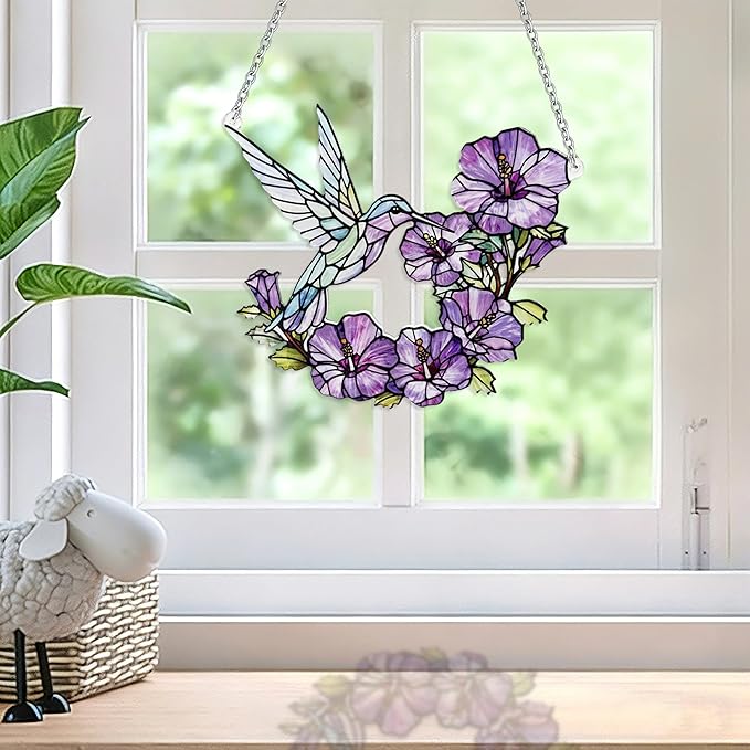 Stained Glass Sun Catchers Indoor Window, 8 in Hummingbird Suncatchers for Windows Hanging, Mother's Day Birthday Gifts for Women Men Mom Nana