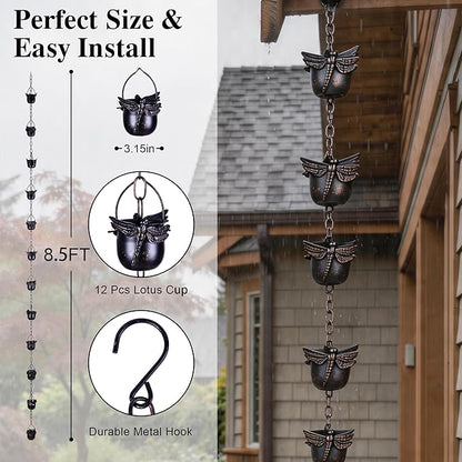 DUSVALLY Rain Chain, 8.5FT Metal Dragonfly Rain Chain, Functional and Decorative Replacement for Gutter Downspouts, Divert Water and Home Display, Adjustable Length, 12 Cups, Black