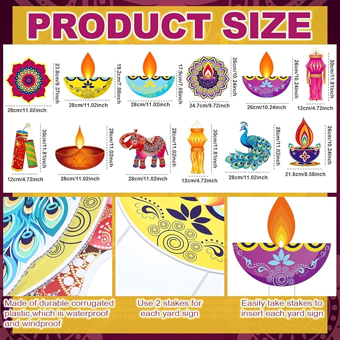 Amyhill 12 Pcs Happy Diwali Yard Sign Lawn Decor Lights Festival Party Signs Waterproof Happy Diwali Yard Outdoor Decorations with Stakes for Indian Lights Holiday Party Lawn Ornaments Decorations