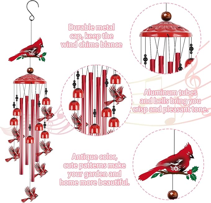 Romart Cardinal Wind Chimes for Outside, 35'' Metal Memorial Windchimes in Memory of a Loved One, Sympathy Gifts for Loss of Loved One, Red Cardinal Gifts for Women Mother Mom Grandma