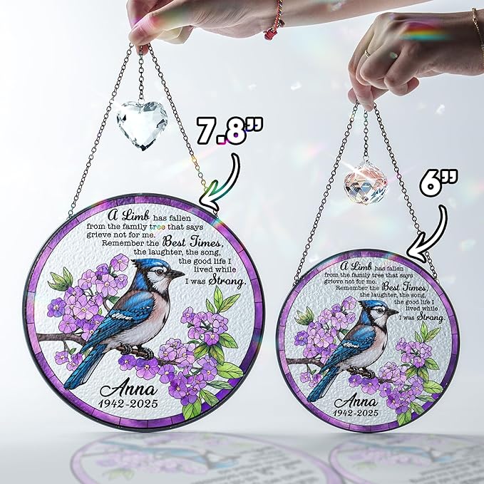 Personalized Bird Memorial Stained Glass Suncatcher, Sympathy Gift for Loss of Loved One, in Loving Memory Crystal Window Suncatcher, Remembrance Gift for Mom, Dad, Family, Memorial Keepsake Decor