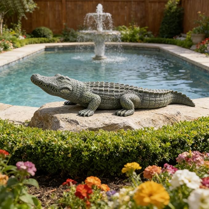 DiliComing Garden Decor Large Alligator Statue - 34 Inch Gray Resin Crocodile Outdoor Decor Swamp Themed Lawn & Yard Decoration Durable Outdoor Garden Statues Gifts