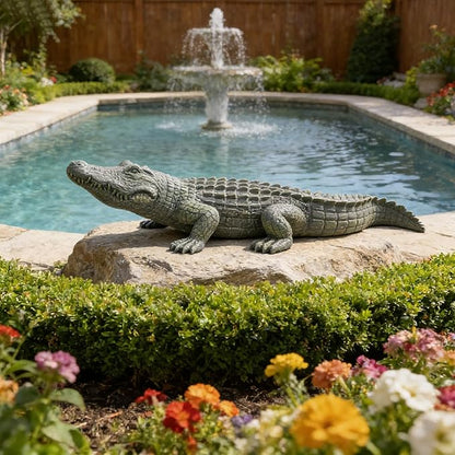 DiliComing Garden Decor Large Alligator Statue - 34 Inch Gray Resin Crocodile Outdoor Decor Swamp Themed Lawn & Yard Decoration Durable Outdoor Garden Statues Gifts