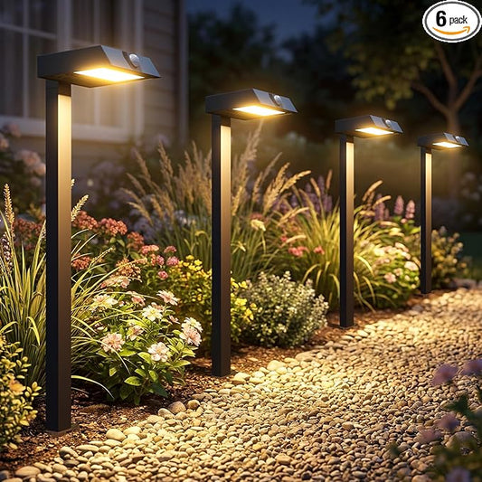 XMCOSY+ Solar Pathway Lights with Motion Sensor 6 Pack, 300LM Metal Solar Lights Outdoor Waterproof, 3 Modes Landscape Lighting for Garden, Backyard, Outside, Path (Warm/Cool White)