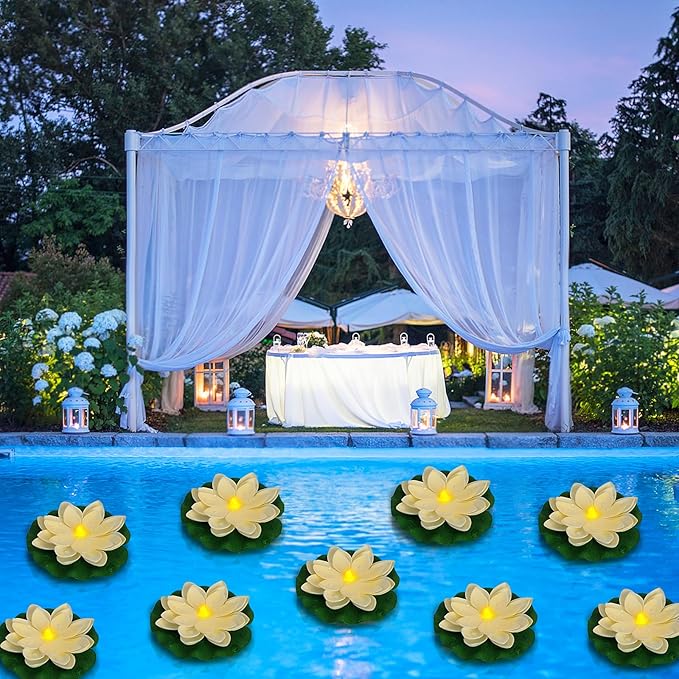 LACGO 24 PCS Waterproof Floating Lotus Lights - 5 Inch Floating Pool Flowers Battery Operated Water Activated Warm White Pool Flower Lights Wedding Anniversary Garden Decoration