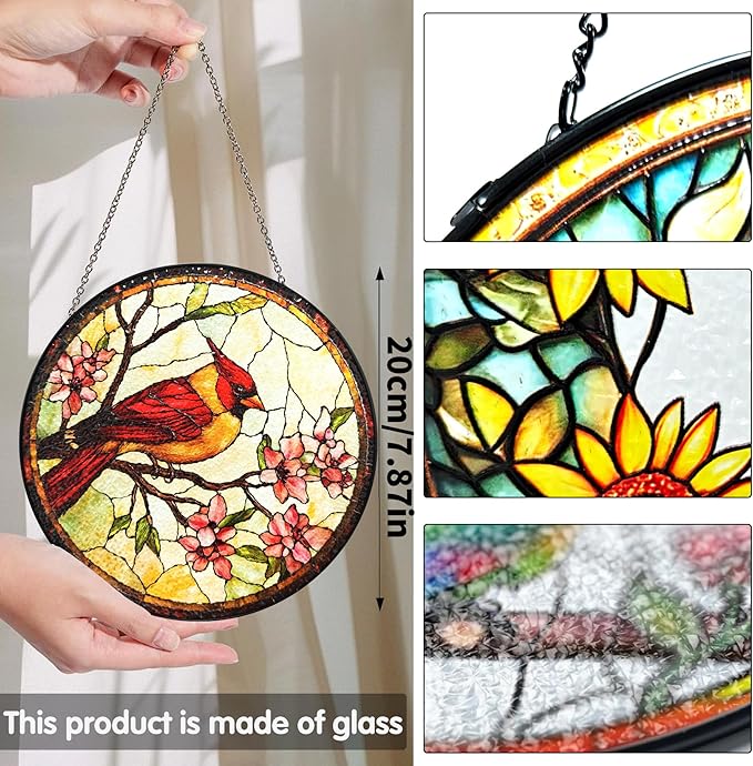 Bimkole Bird Stained Glass Suncatcher Window Hanging - Flowers Design for Indoor Window or Doorway Decoration - 7.87x7.87 inch with Chain and Hook - Unique Home Decor Gift