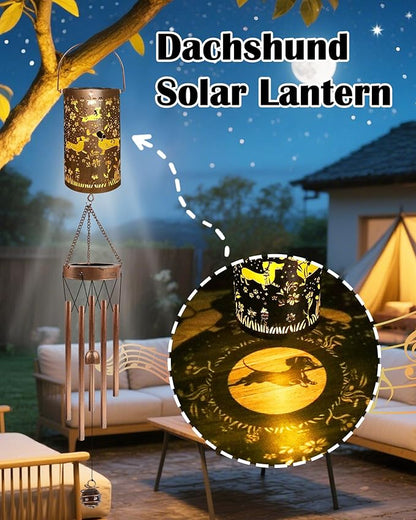 Dachshund Gifts for Women - Solar Wind Chimes Outdoor Decor with Larterns Garden Patio Porch Balcony Hanging Decoratoin Christmas New Year Birthday Gift for Mom Grandma Friend Dog Lover