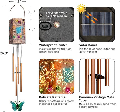 Solar Wind Chimes for Outside - Butterfly Solar Lights Outdoor Decor Gifts for Women Mom Grandma Birthday Housewarming