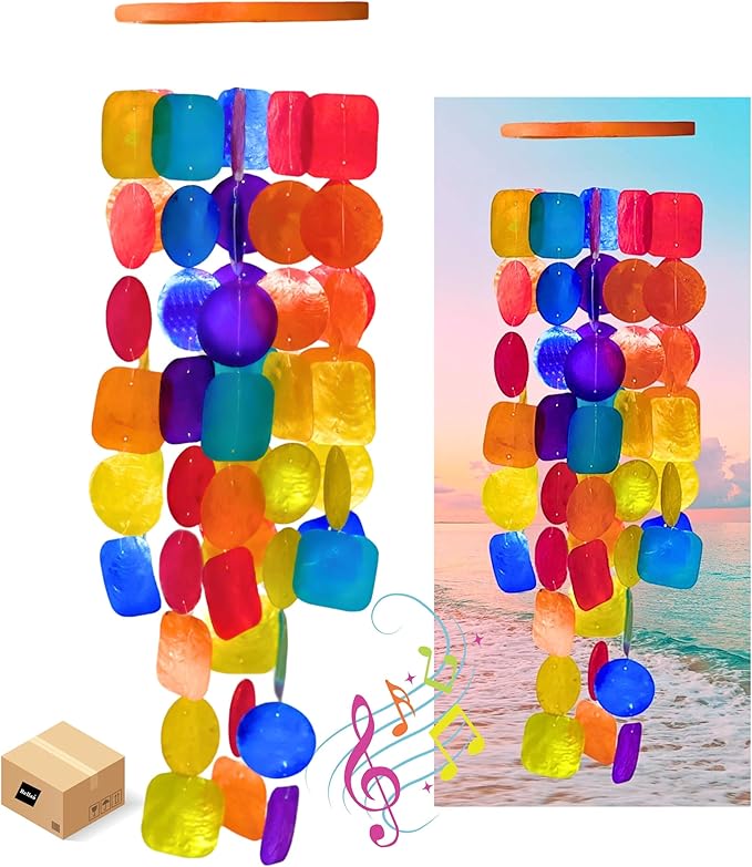 Bellaa Handmade Wind Chimes Outdoor, Musical, Garden Decorations, Beach, Ocean, Breeze, Gifts for Mom, Outside Windchimes, 63pcs, Capiz, Shells, Sea, Glass, Wood 1 Rainbow