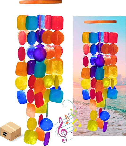 Bellaa Handmade Wind Chimes Outdoor, Musical, Garden Decorations, Beach, Ocean, Breeze, Gifts for Mom, Outside Windchimes, 63pcs, Capiz, Shells, Sea, Glass, Wood 1 Rainbow