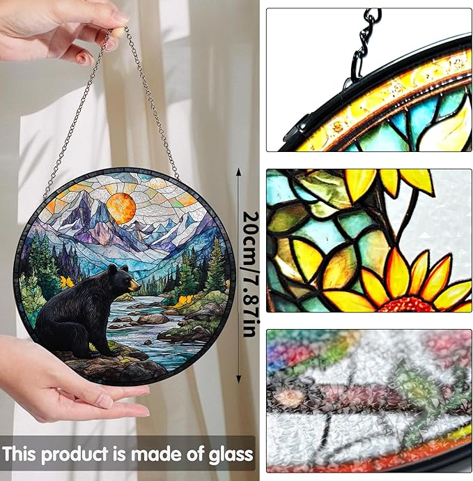 Bimkole Bear Stained Glass Suncatcher Window Hanging - Animal Tree Indoor Window or Doorway Decoration - Handmade Sun Catcher Decor for Garden Home Christmas & Birthday Gifts 7.87x7.87 inch