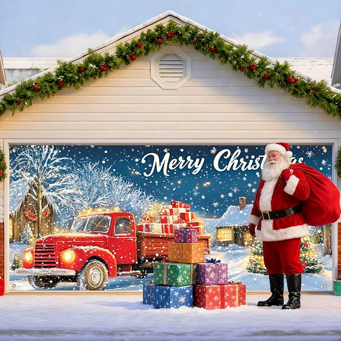 IVN Christmas Garage Door Banner 6x13 ft Red Vintage Truck with Gifts Backdrop Garage Door Covers Decorative Holiday Garage Door Cover Mural Snowy Christmas Tree Scene