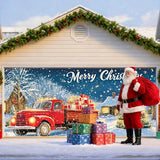 IVN Christmas Garage Door Banner 6x13 ft Red Vintage Truck with Gifts Backdrop Garage Door Covers Decorative Holiday Garage Door Cover Mural Snowy Christmas Tree Scene