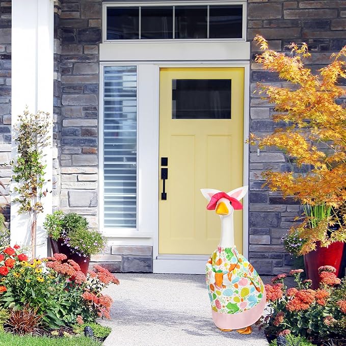 FuWeave Easter Bunny Goose Outfit Easter Egg Porch Goose Costume for Cement Plastic Geese Statue Spring Outdoor Garden Yard Patio Decoration(Pink White,23 Inches,Carrot)