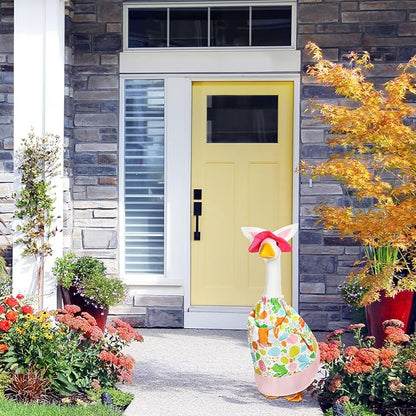 FuWeave Easter Bunny Goose Outfit Easter Egg Porch Goose Costume for Cement Plastic Geese Statue Spring Outdoor Garden Yard Patio Decoration(Pink White,23 Inches,Carrot)