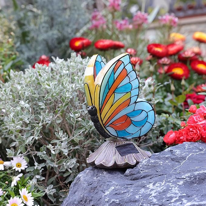 Rezpuao Solar Butterfly Garden Statues,Butterfly Decor for Outdoor,Resin Colorful Butterflies Figurine with Solar Light for Patio,Balcony,Yard,Lawn Ornament,Perfect Garden Gift
