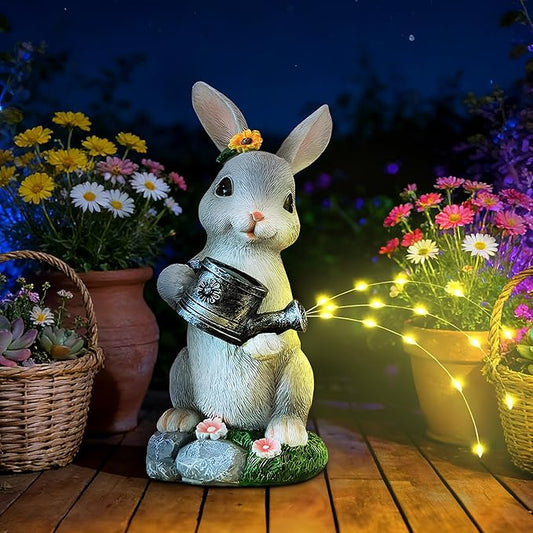 Solar Garden Decor Watering Bunny Statues Outdoor, Outdoor Sculpture Figurine Statue Lights, Outdoor Garden Yard Lawn Patio Decoration, Unique House Warming Birthday Present for Women Family