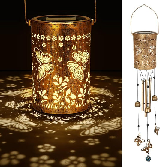 Solar Wind Chimes for Outside - Retro Metal Hanging Solar Lantern for Garden, Patio Decor, IP65 Waterproof Solar Powered Light - Perfect Birthday, Mothers Day Gift for Women(Butterfly)