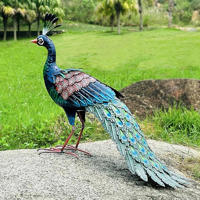 Kircust Metal Peacock Statue for Outdoor Decor - 24" L Elegant Peacock Sculpture for Garden, Patio, Yard, or Home - Weatherproof & Handcrafted Peacock Art
