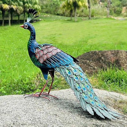 Kircust Metal Peacock Statue for Outdoor Decor - 24" L Elegant Peacock Sculpture for Garden, Patio, Yard, or Home - Weatherproof & Handcrafted Peacock Art