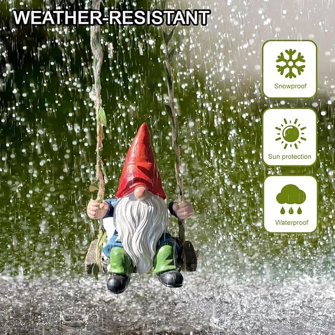 Garden Gnomes Outdoor Statue,Garden Gnome on Swing, Gnomes Decorations for Lawn Yard, Indoor and Outdoor Gnome Ornament for Christmas Tree Decor Halloween New Year. (Swing Gnome)