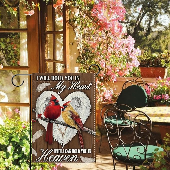 Dyrenson Christian Memorial Cardinal Decorative Garden Flag, Religious Red Birds Angel Wings Heart Cemetery Yard Outside Home Decoration, Farmhouse Burlap Outdoor Small Decor Double Sided 12 x 18