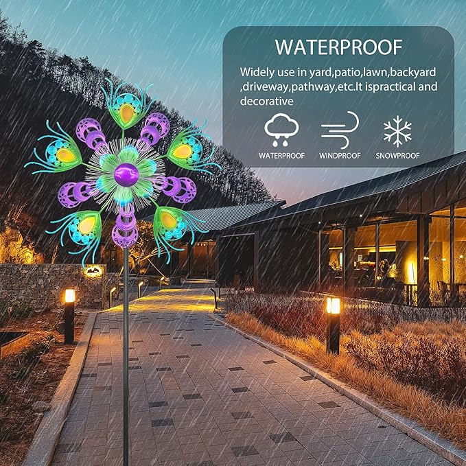 Solar Peacock Wind Spinners for Yard & Garden - 40 Inch Metal Wind Sculpture, Kinetic Windmill with Multi Color LED Lights, Lawn & Patio Art Decor