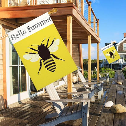 Mugod Bee Honeybee House Flag 28x40 Inch Double Sided Burlap, Hello Summer Large Yard Banner for Outdoor Seasonal Decoration