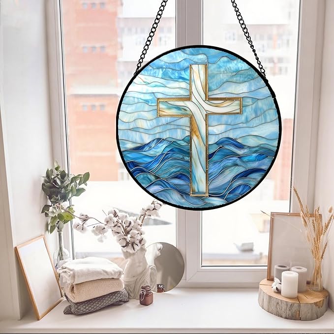 Christian Gifts for Women - Blue Cross Stained Glass Window Hanging Jesus Easter Ocean Waves Sun Catcher Garden Religion Decor Mother's Day Catholic Gift for Men Grandma Mom Her Nana 15"